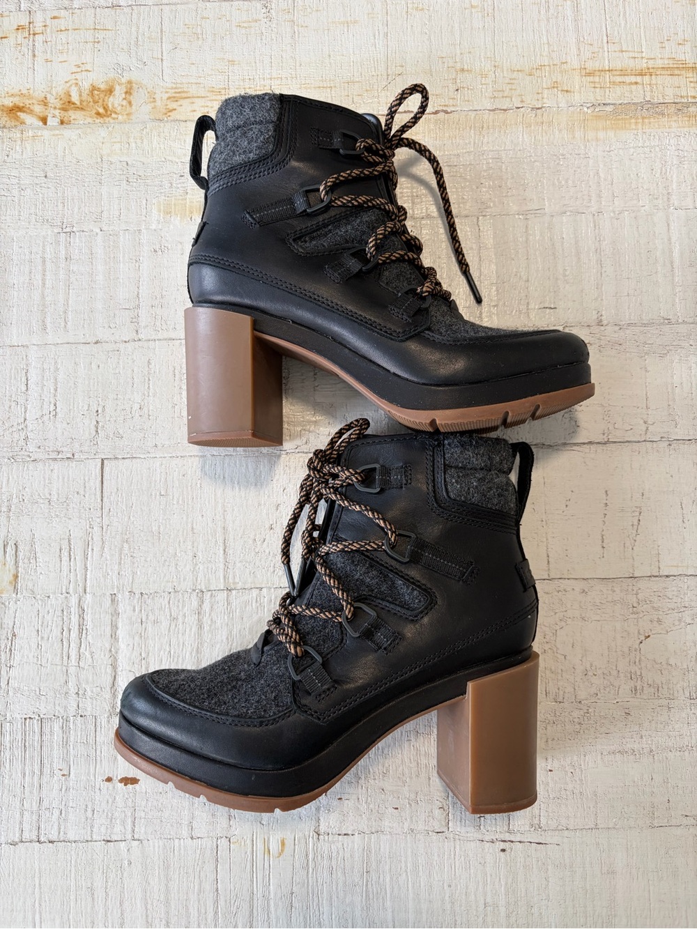 Sorel Blake Lace Up Boots size 8 Black Leather Wool Chunky Heel Ankle Booties